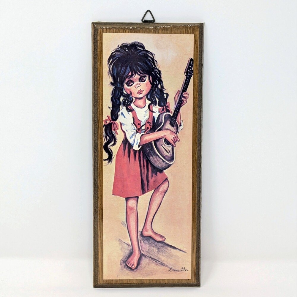 Vtg MCM Big Eyed Girl Playing Guitar Wooden Wall Plaque | Lien Mei, SEALED!